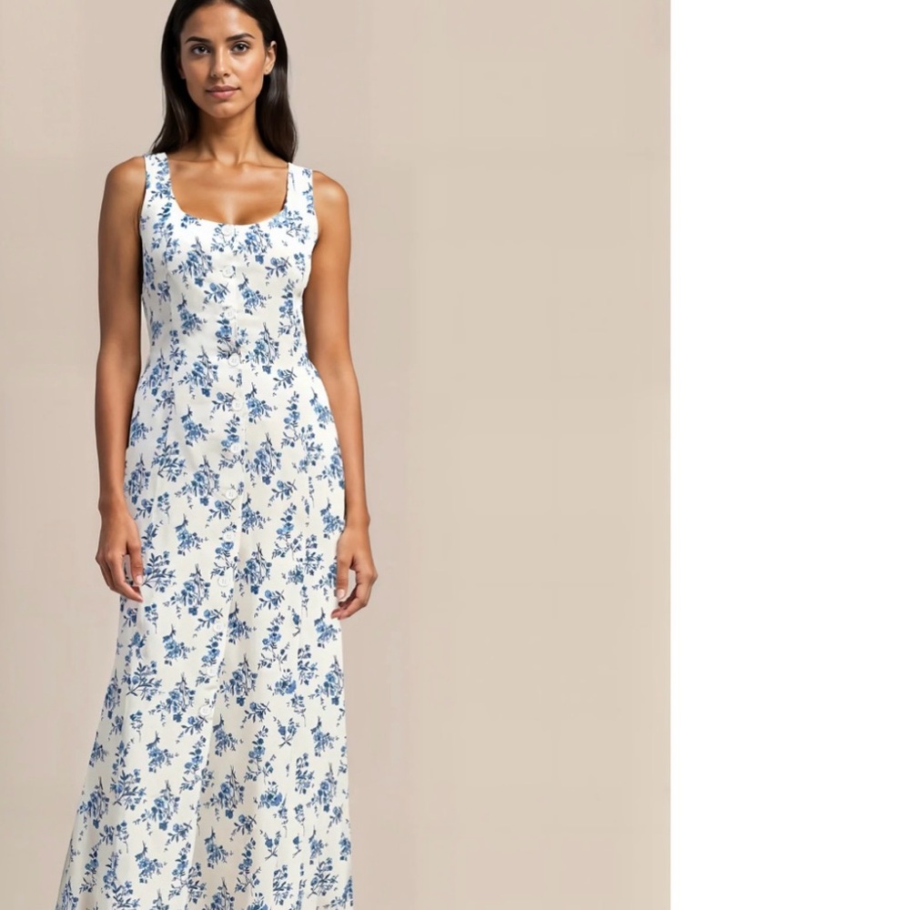 New with Tags FloralButton Down Square Neck Midi Sundress Size Large White Blue